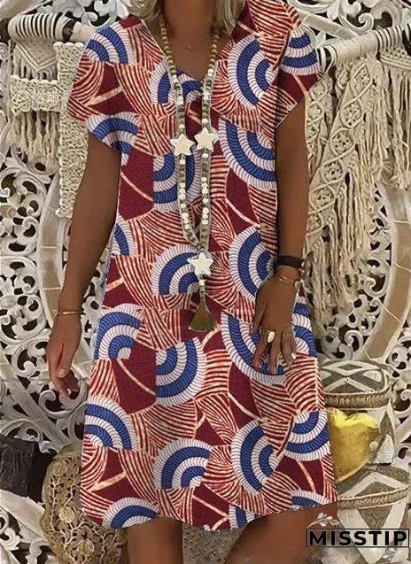 Summer New Short-sleeved Printed Dress Mid-length A-line Skirt