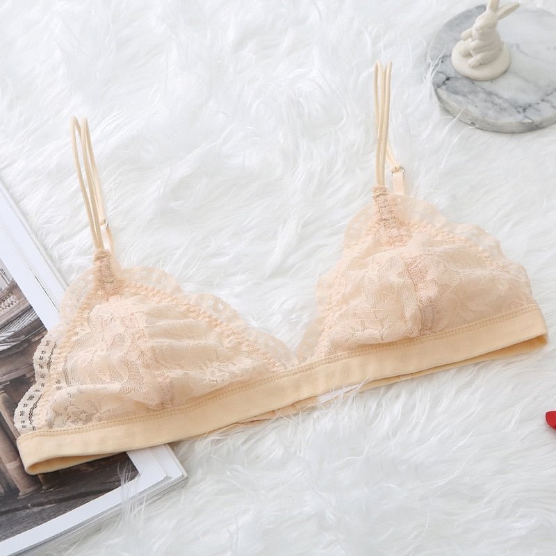 Sexy Lace Bralette Thin Triangle Cup Bra Wire Free Brassiere Underwear French Lingerie Girls Beautiful Solid Small Chest Bralet