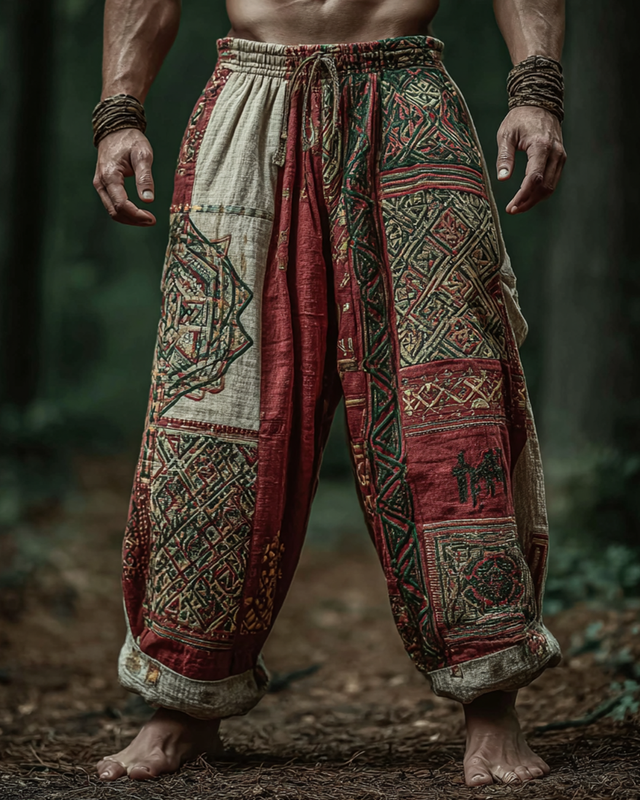 Men's summer vacation Viking element embroidered contrast color stitching linen trousers c1c6