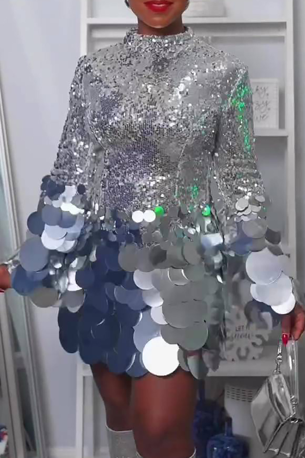 Plus Size Party Mini Dresses Elegant Silver Spring Summer Round Neck Long Sleeve Sequin Mini Dresses [Pre-Order]
