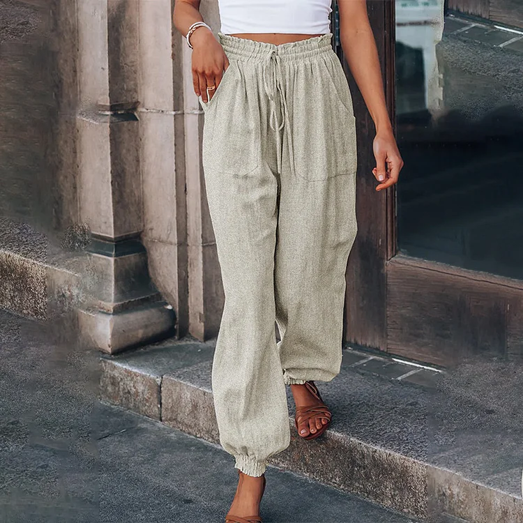 Comstylish Solid Color Drawcord High Waist Pocket Casual Pants