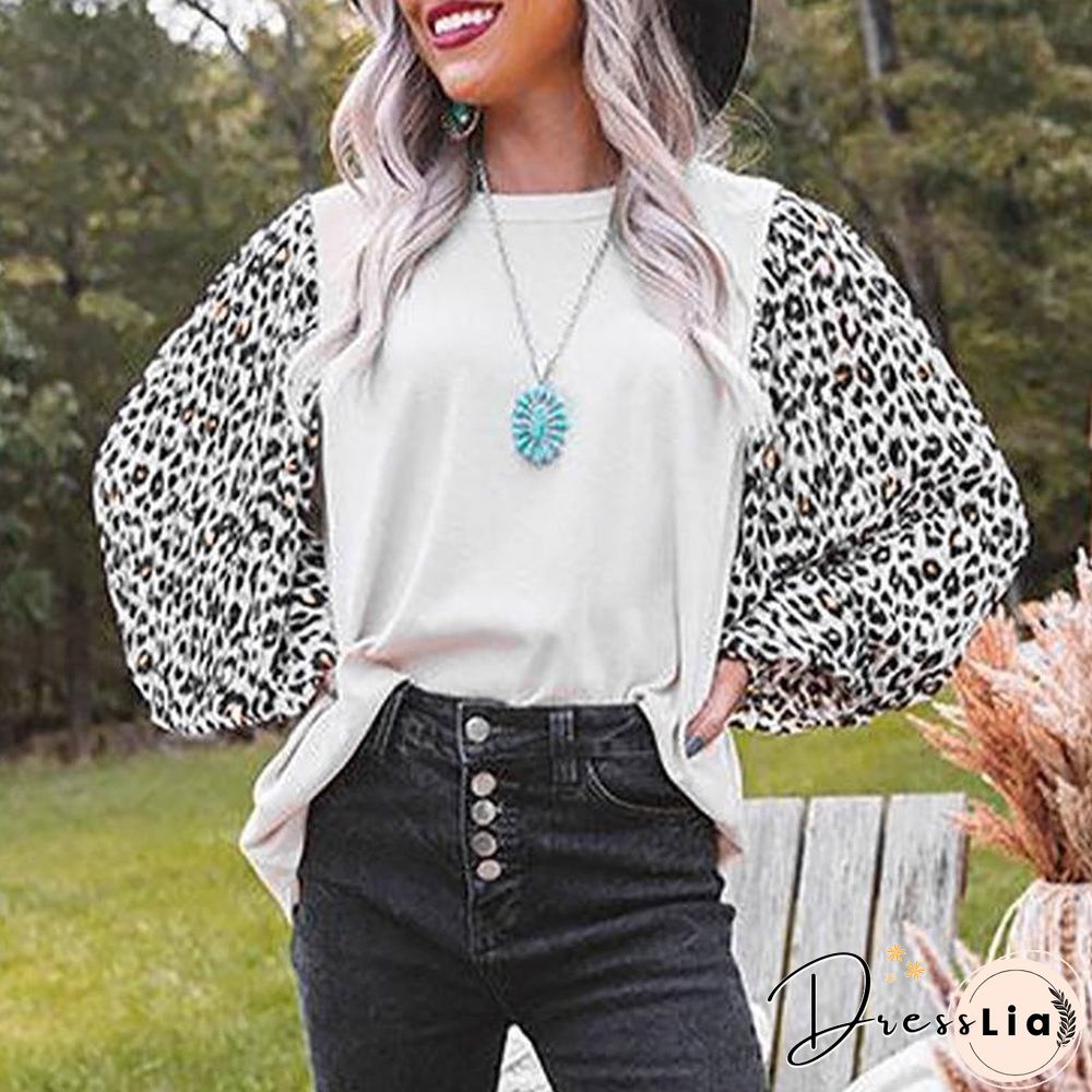 New Spring Autumn Women Tshirts Leopard Printing Lantern Sleeve Loose Stitching color Tops Fall Womens Clothing Fashion