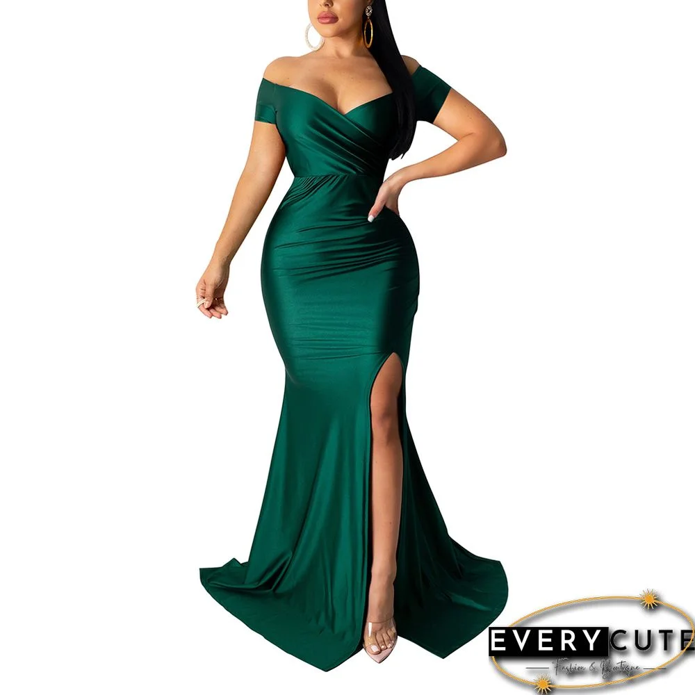 Green V Neck High Split Long Evening Dress