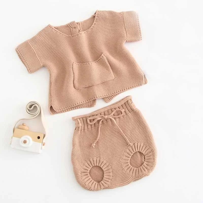 0-2 Year Old Clothing New 2021 Autumn Baby Girls Suit Knit Cotton Baby Long Sleeve Blouse + Lotus Leaf Shorts Baby Clothing Set