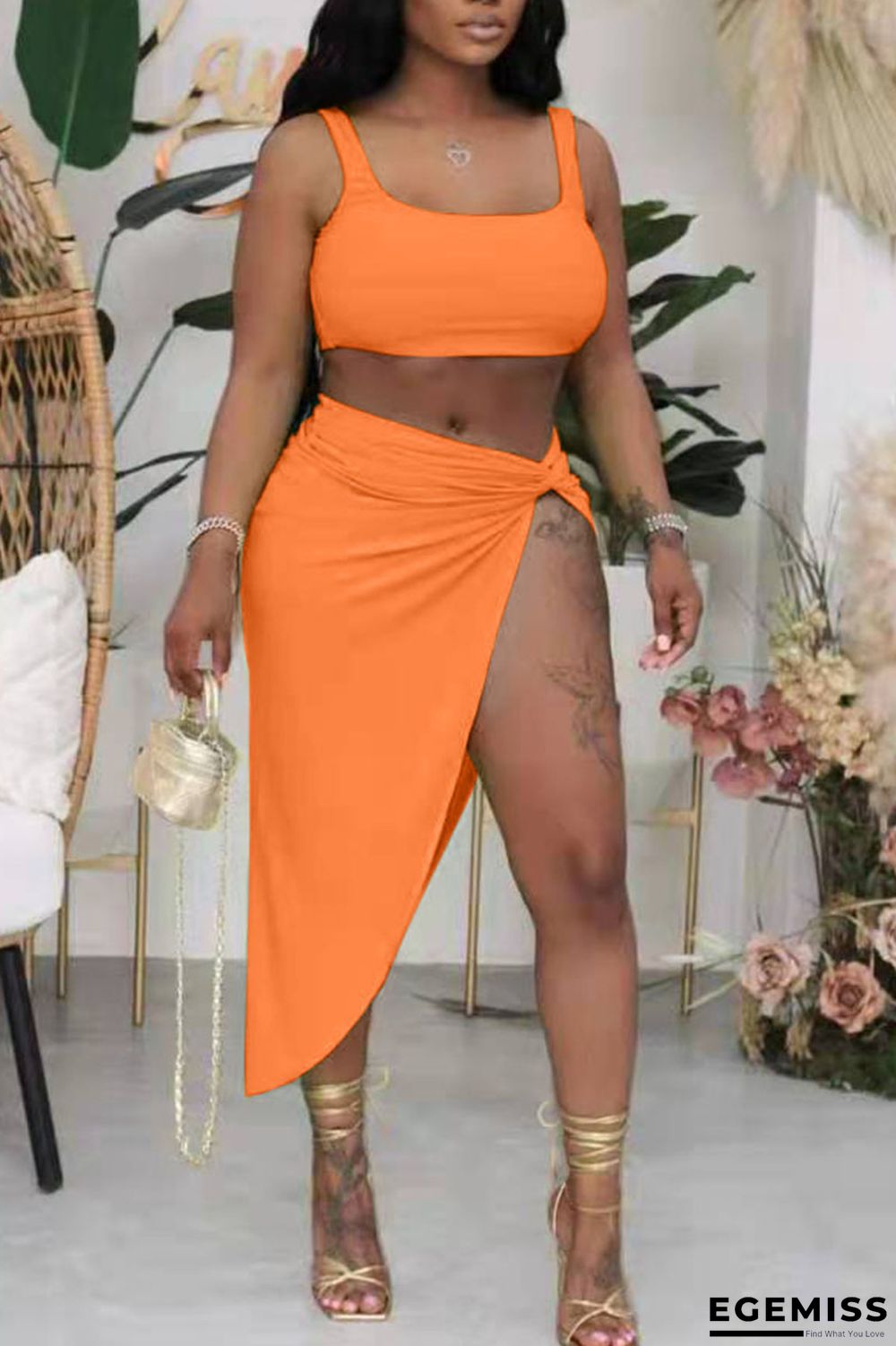 Tangerine Sexy Solid Patchwork Slit Asymmetrical U Neck Two Pieces | EGEMISS