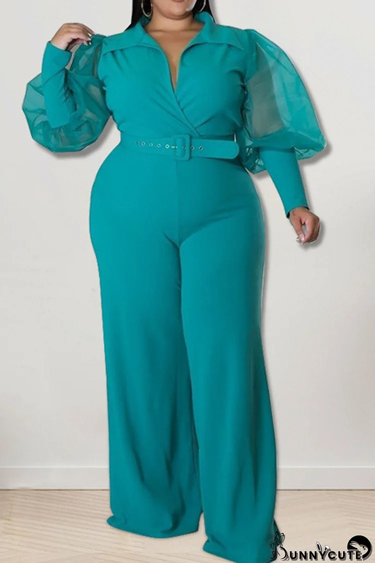 Green Casual Solid Patchwork V Neck Plus Size Jumpsuits