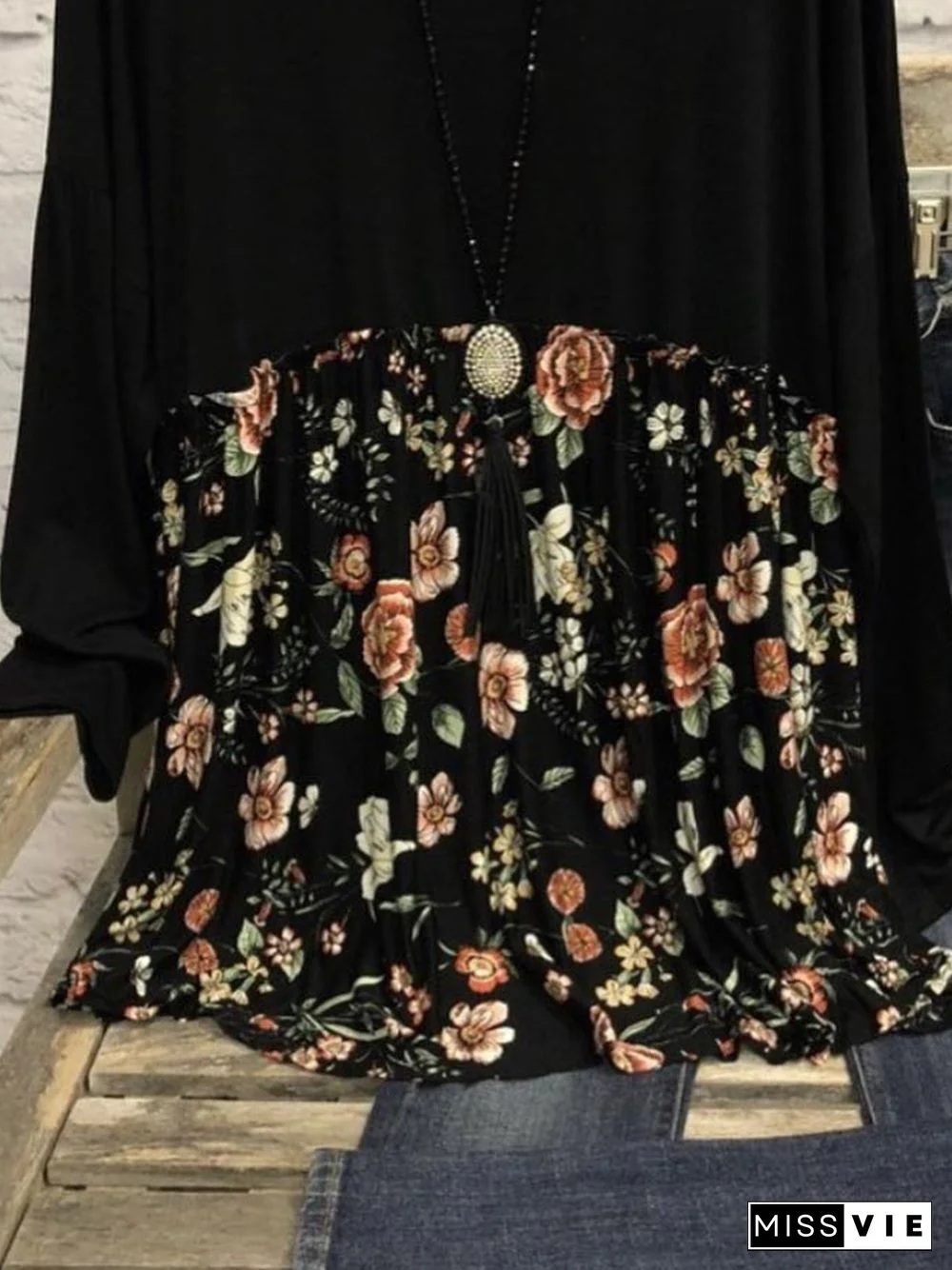 Long Sleeve Cotton-Blend Floral-Print Casual T-shirt