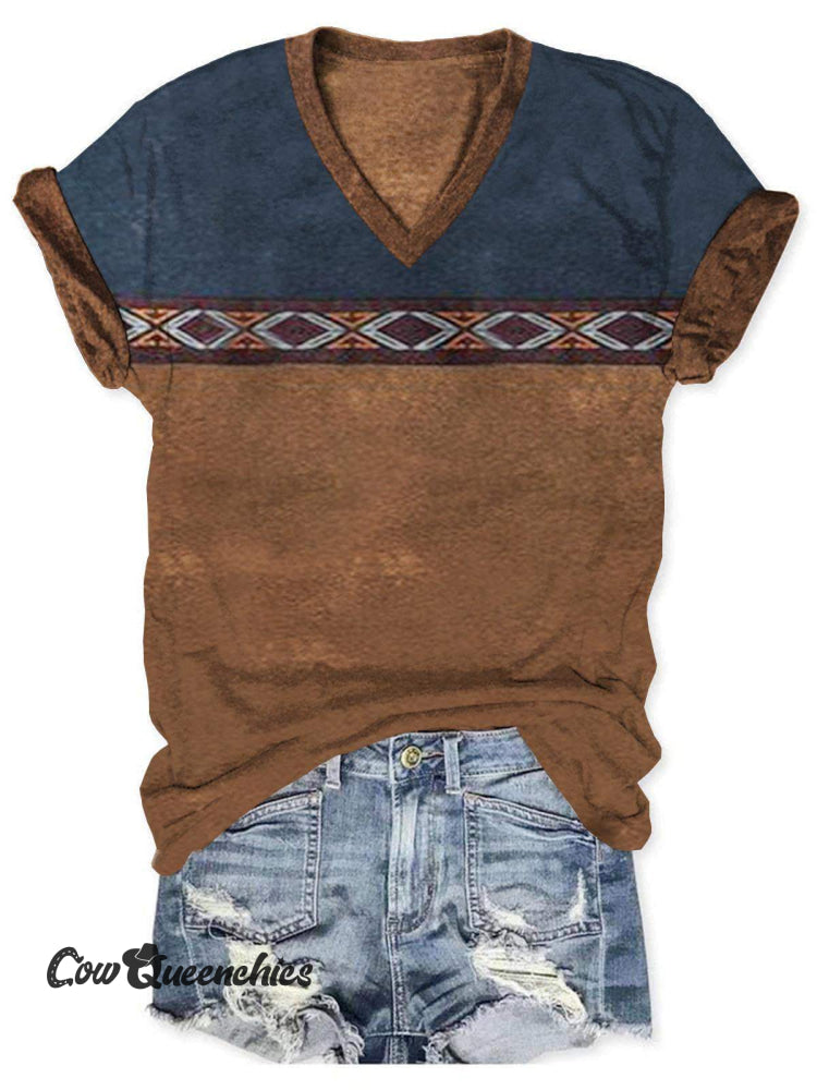 Women’s Vintage Print V-Neck Casual T-Shirt Multicolor / S