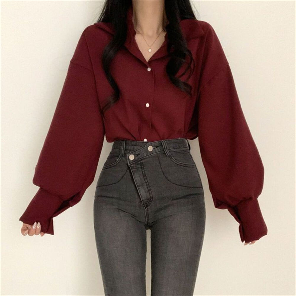 Groksage Turn-down Collar Shirt Lantern Sleeve Women Office Lady Tops Pure Solid Color Elegant Casual Korean S-3XL Fashion Clothing White