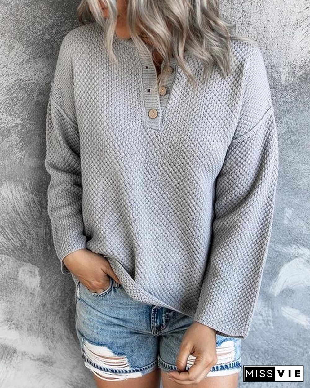 Comfy Cozy Sweater Drop Shoulder Button Up Knitting Top