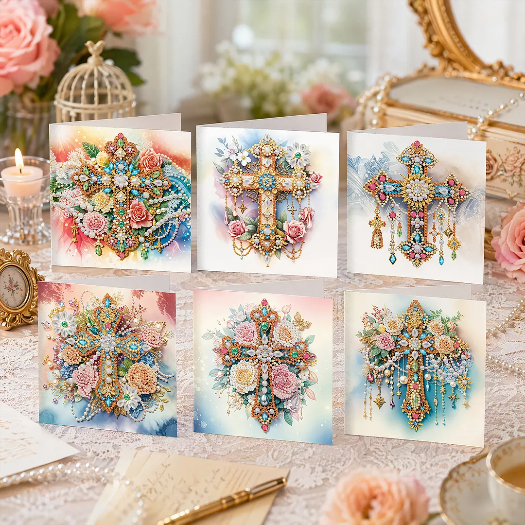 6pcs Cross DIY Diamond Painting Greeting Card Kits with Envelopes Diamond Art Greeting Cards Diamond Art Cards Kits for Adults DIY Crafts Family Friend Gifts
