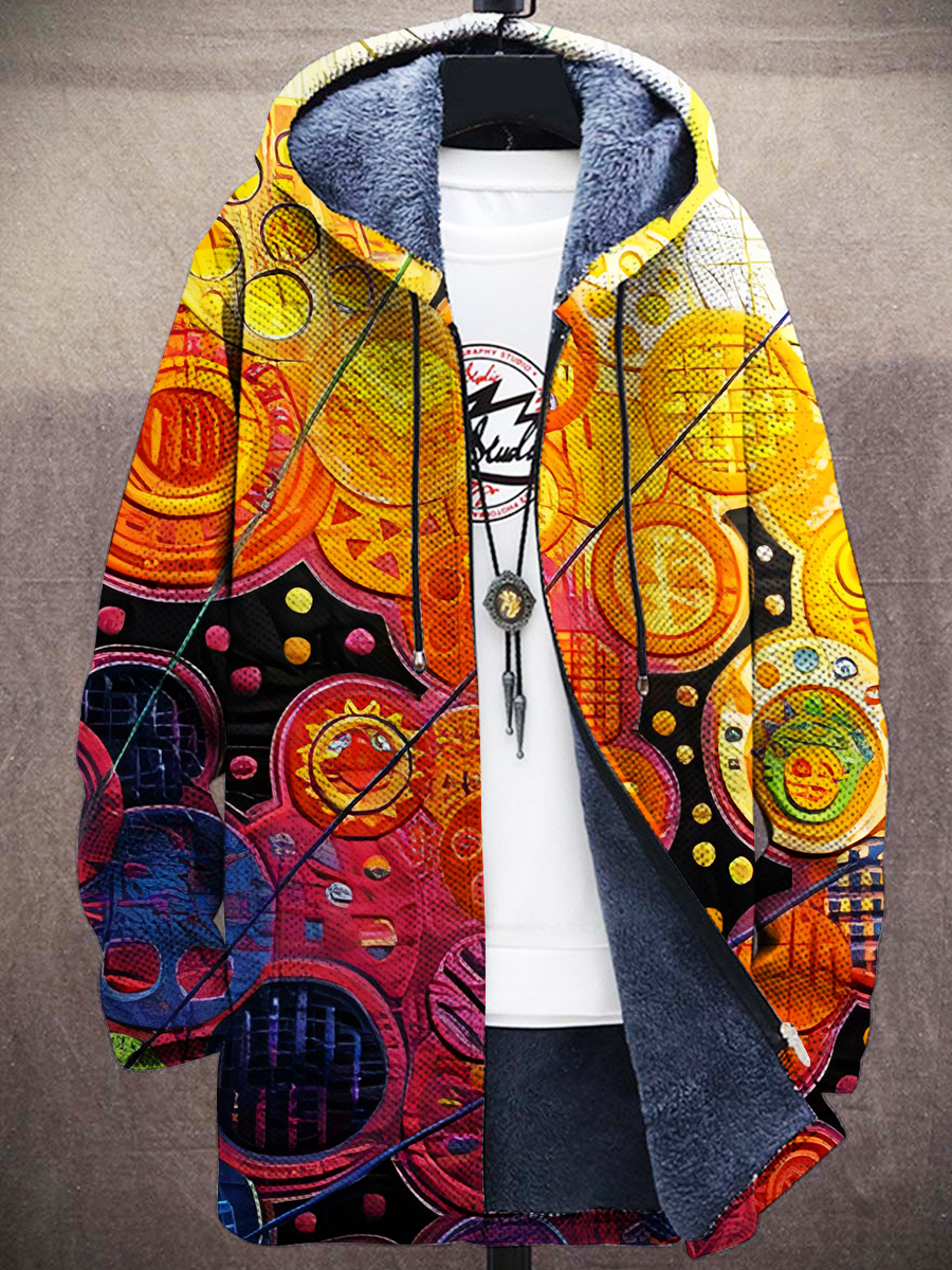 Unisex Retro Round Warm Color Texture Repeat Print Plush Thickened Long Sleeve Sweater Cardigan Jacket