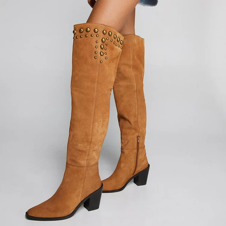 Camel Pointed Toe Vegan Suede Studs Block Heel Over The Knee Boots |FSJ Shoes