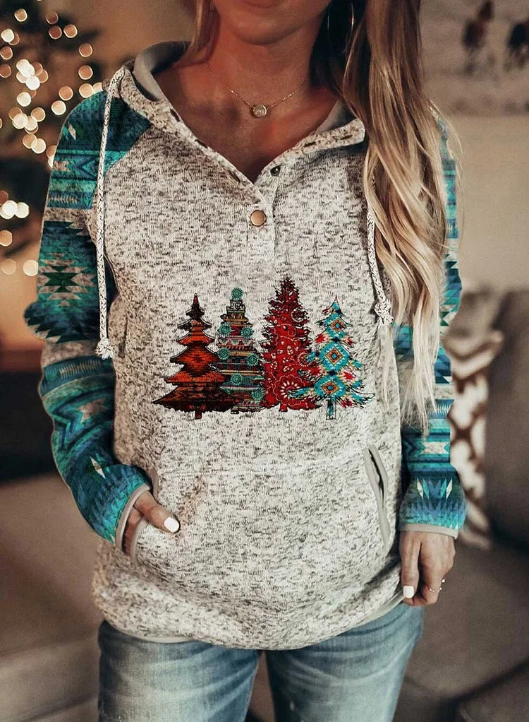 Christmas Blue Plaid Christmas Tree Print Women's Hoodie