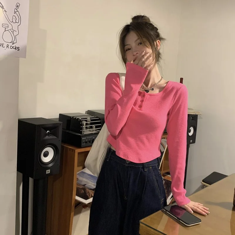 Uveng Uveng Sense Long-Sleeved T-Shirt Female 2024 Spring And Autumn New Korean Version Slim Careful Machine Bottom Shirt Short Student Jacket