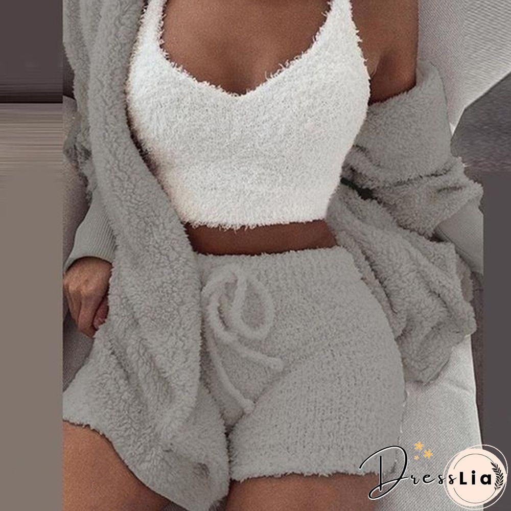 Women Fashion Winter Plush Casual Sportswear Long Sleeve Crop Top Shirt Shorts Suit(1pc Vest or 2pcs Coat+Pants or 3pcs Vest+Coat+Pants)