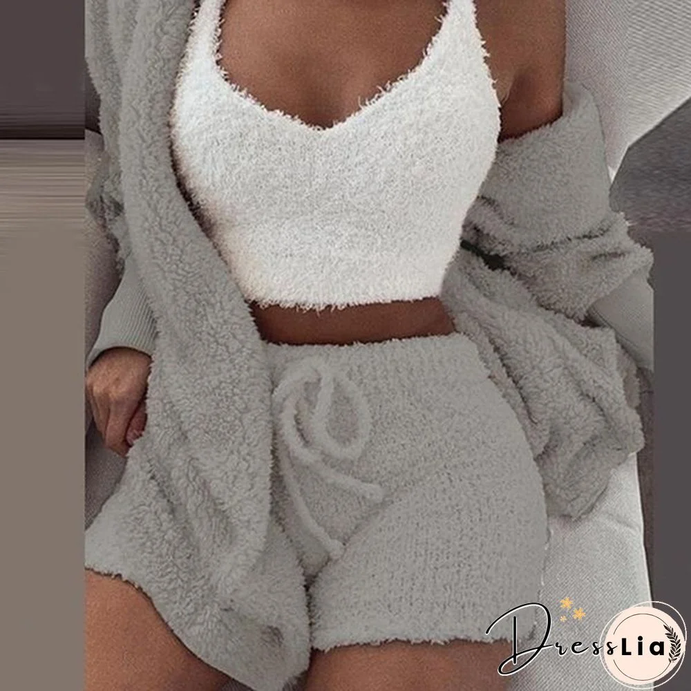 Women Fashion Winter Plush Casual Sportswear Long Sleeve Crop Top Shirt Shorts Suit(1pc Vest or 2pcs Coat+Pants or 3pcs Vest+Coat+Pants)