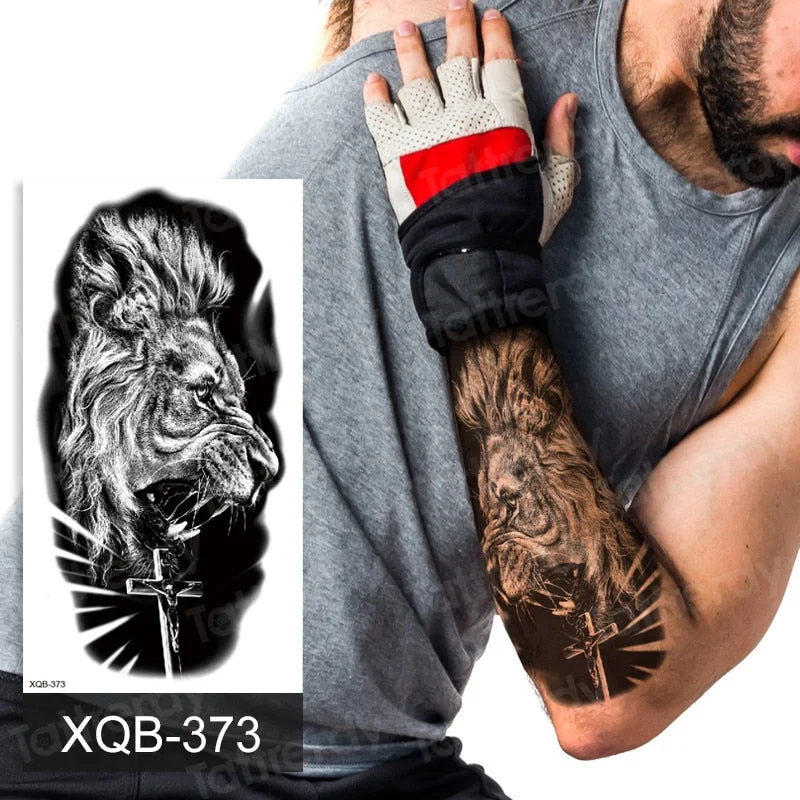 Waterproof Temporary Tattoo Sticker Lion King Crown Cross Tiger Pattern Fake Tatto Flash Tatoo Black Body Art for Kids Women Men