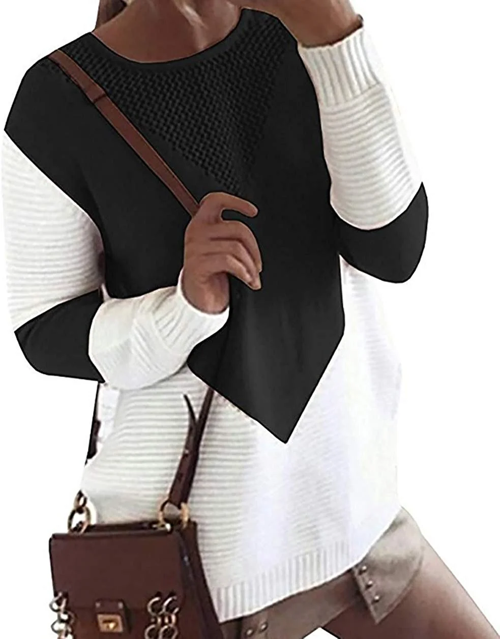 Sweaters for Women Long Sleeve Crew Neck Pullovers Stitching Color Loose Knitted Sweaters
