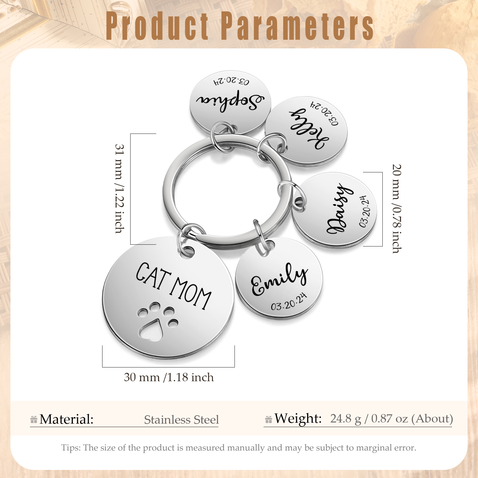 Personalised 4 Names & 4 Dates & 1 Text Keychain Cat Paw Circle Charm Keychain Gifts for Mother/Grandma-Jessemade AU