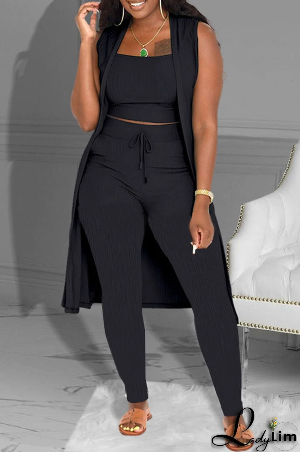 Black Fashion Casual Solid Patchwork Sleeveless Three-piece Set