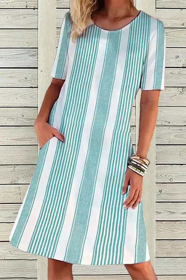Linen Striped Short Sleeve Dress