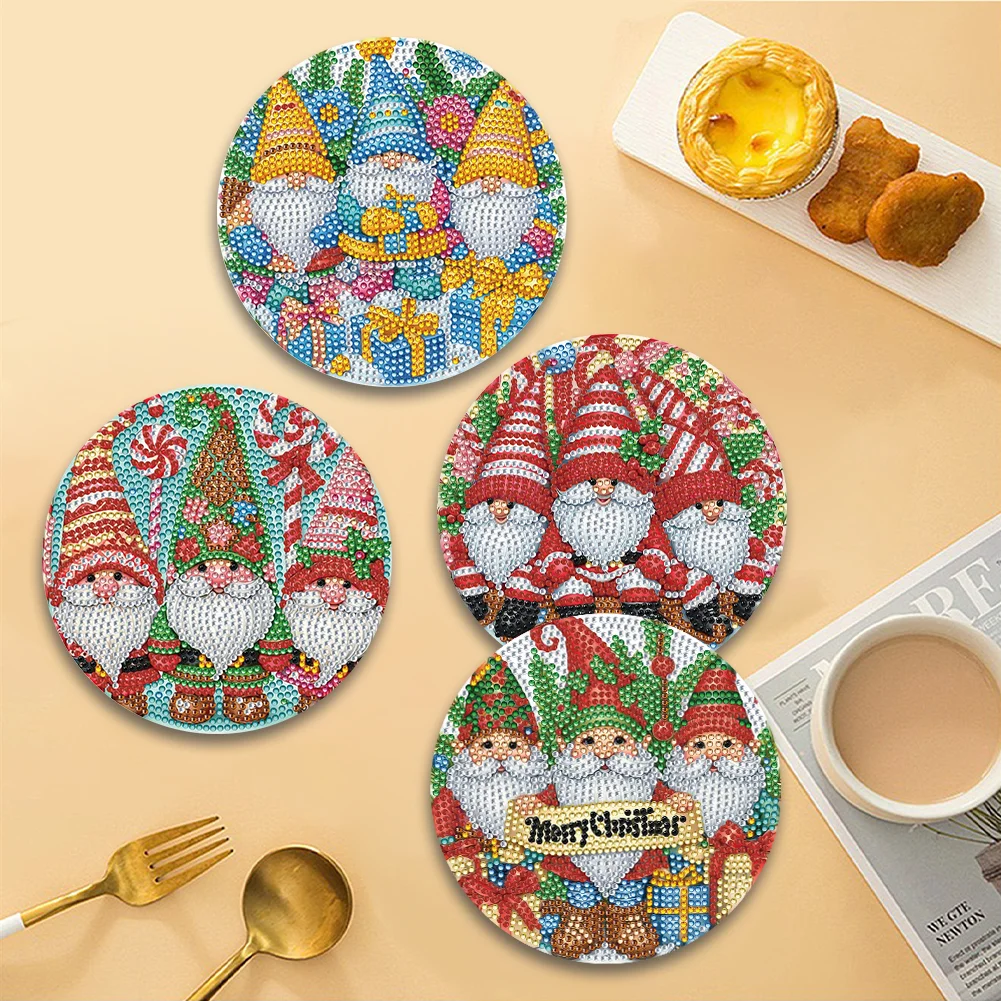 4pcs Gnome Diamond Art Coasters Kits for Home Party and Holiday Decorations