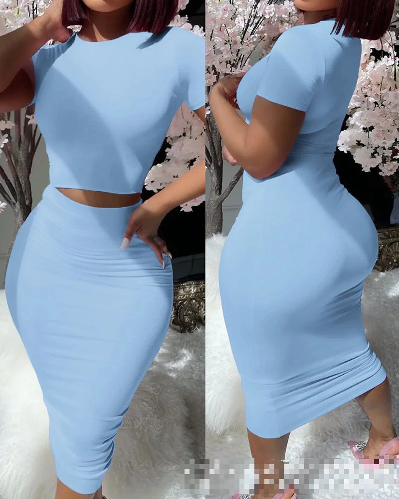 Mongw Mongw Round Neck Short Sleeve Show Waist Sexy T-Shirt Wrapped Buttock Skirt Set