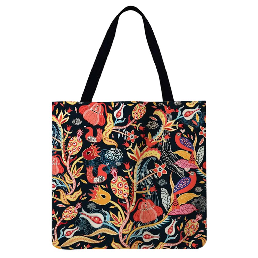 Linen Tote Bag-Flowers and birds