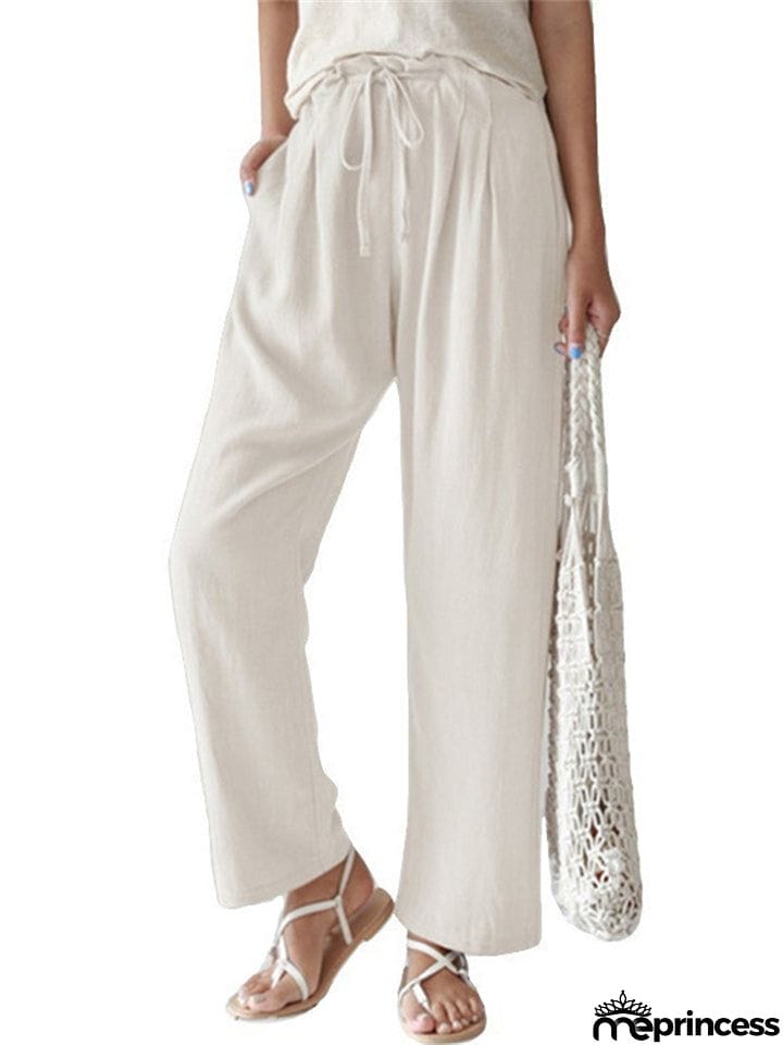 Female Leisure Solid Color Drawstring Linen Cotton Pants