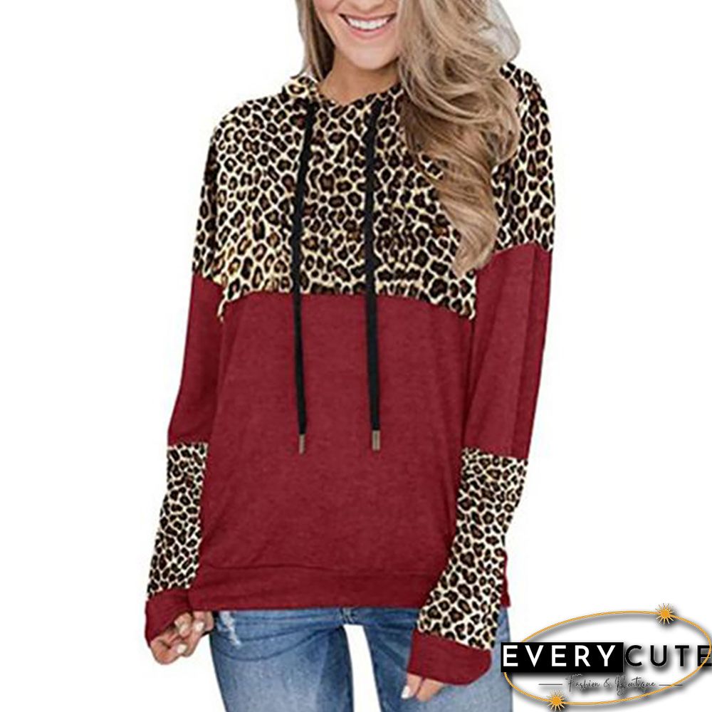 Wine Red Spliced Leopard Cotton Blend Hoodie