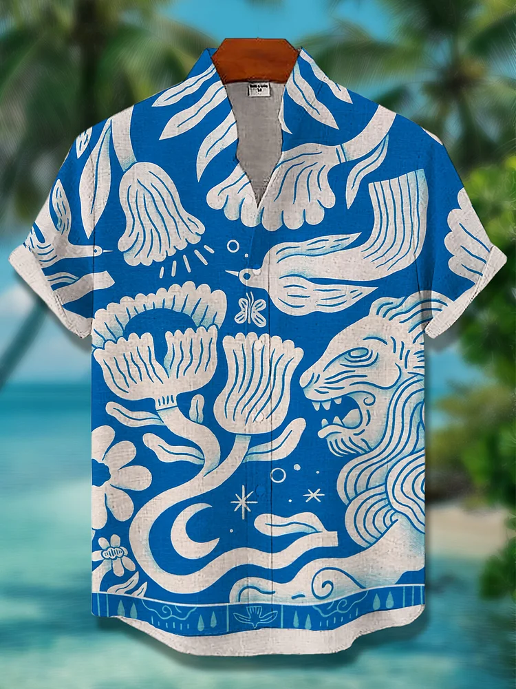Men's Abstract Animals Flowers Print Short Sleeve Shirt