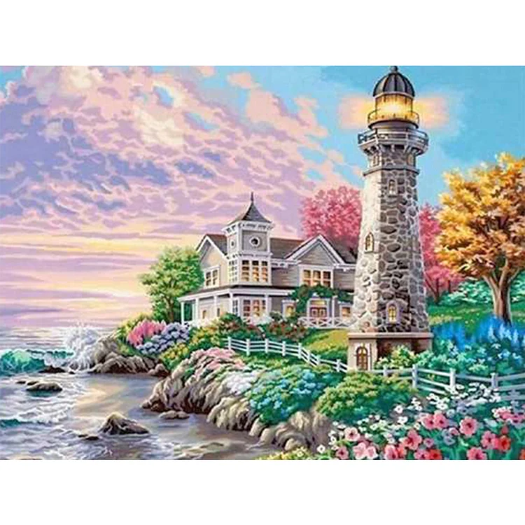 5D DIY Full Round Drill Diamond Painting Beach House Lighthouse Drawing