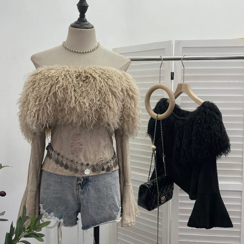 Uveng Sexy Wind Shoulder Hair Knitted Shirt Girl Short To Make Old Broken Long-Sleeved T-Shirt Top 2988