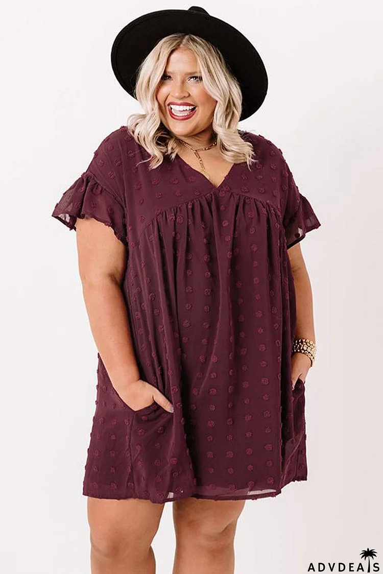 Plus Size V Neck Ruffle Swiss Dot Mini Dress with Pocket