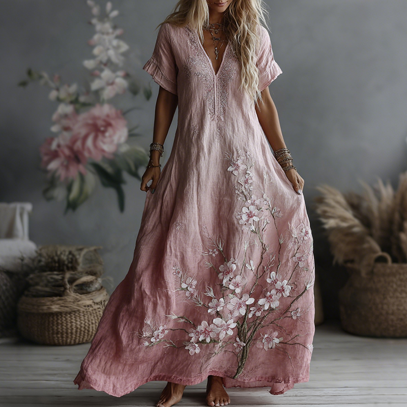 Comstylish Women's Exquisite Embroidered Floral Art Linen Dress