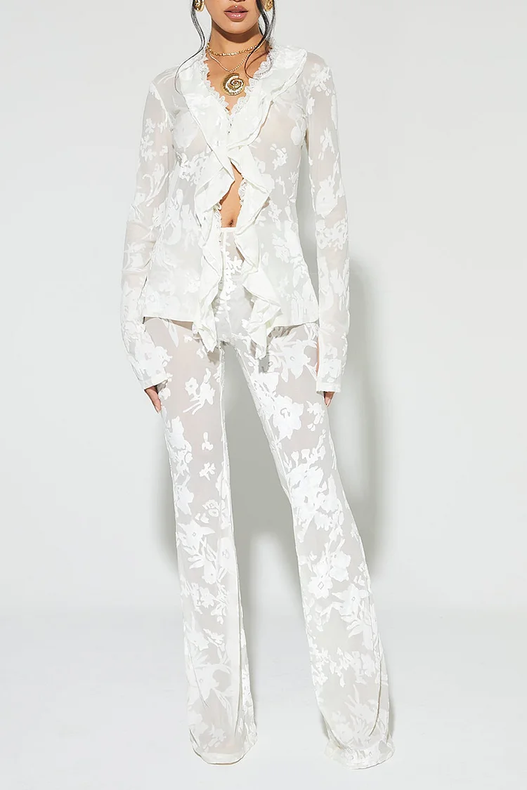 Ruffle V Neck Long Sleeve Blouse Jacquard Pants 2pcs Set-White [Pre Order]