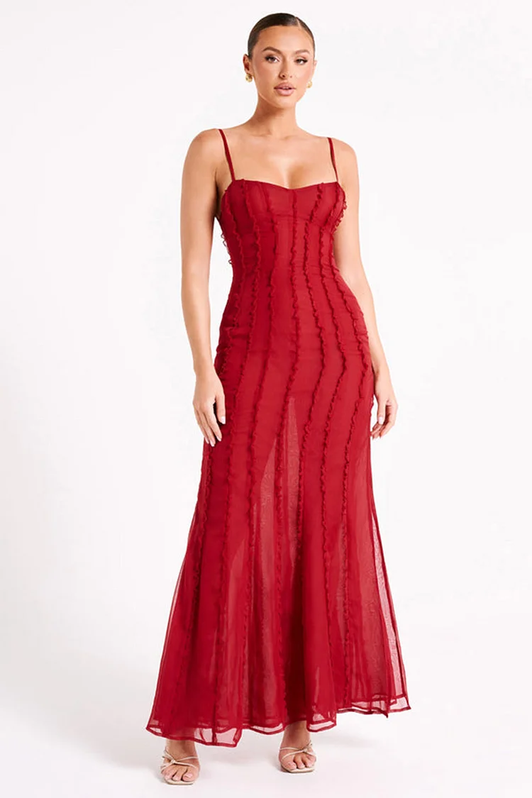 Elegant Ruched Fishtail High Slit Formal Party Slip Maxi Dresses-Red [Pre Order]
