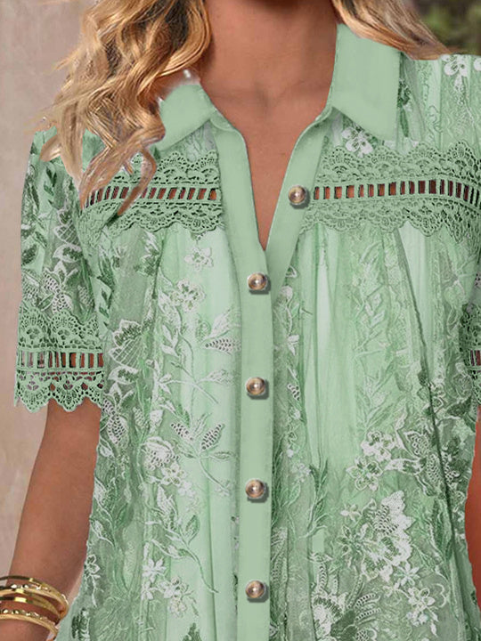 Women Short Sleeve V-neck Floral Printed Graphic Lace Hollow Stitching Button Tops