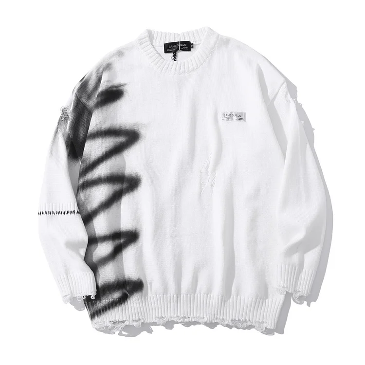 Letter Pattern Crew Neck Ripped Sweater Pullover Sweater at Hiphopee