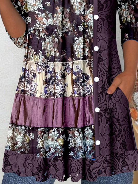 Women's Long Sleeve Scoop Neck Graphic Lace Tops