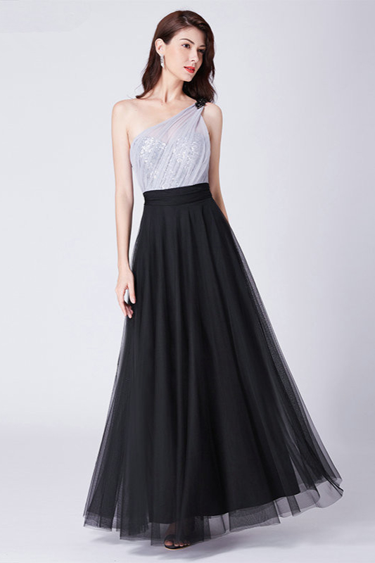 Hot Sale One Shoulder Sequins Long Tulle Prom Dress - lulusllly