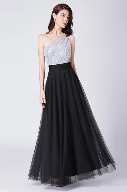 Hot Sale One Shoulder Sequins Long Tulle Prom Dress
