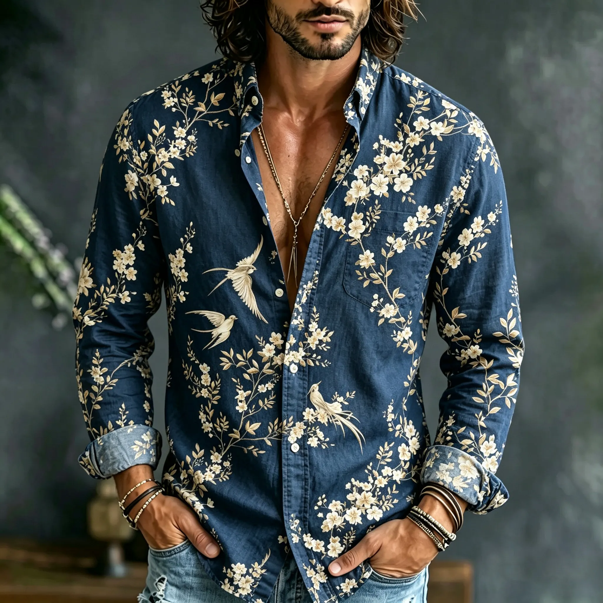 Men's Retro Vacation Floral Bird Cotton Linen Long-sleeved Shirt  artssus