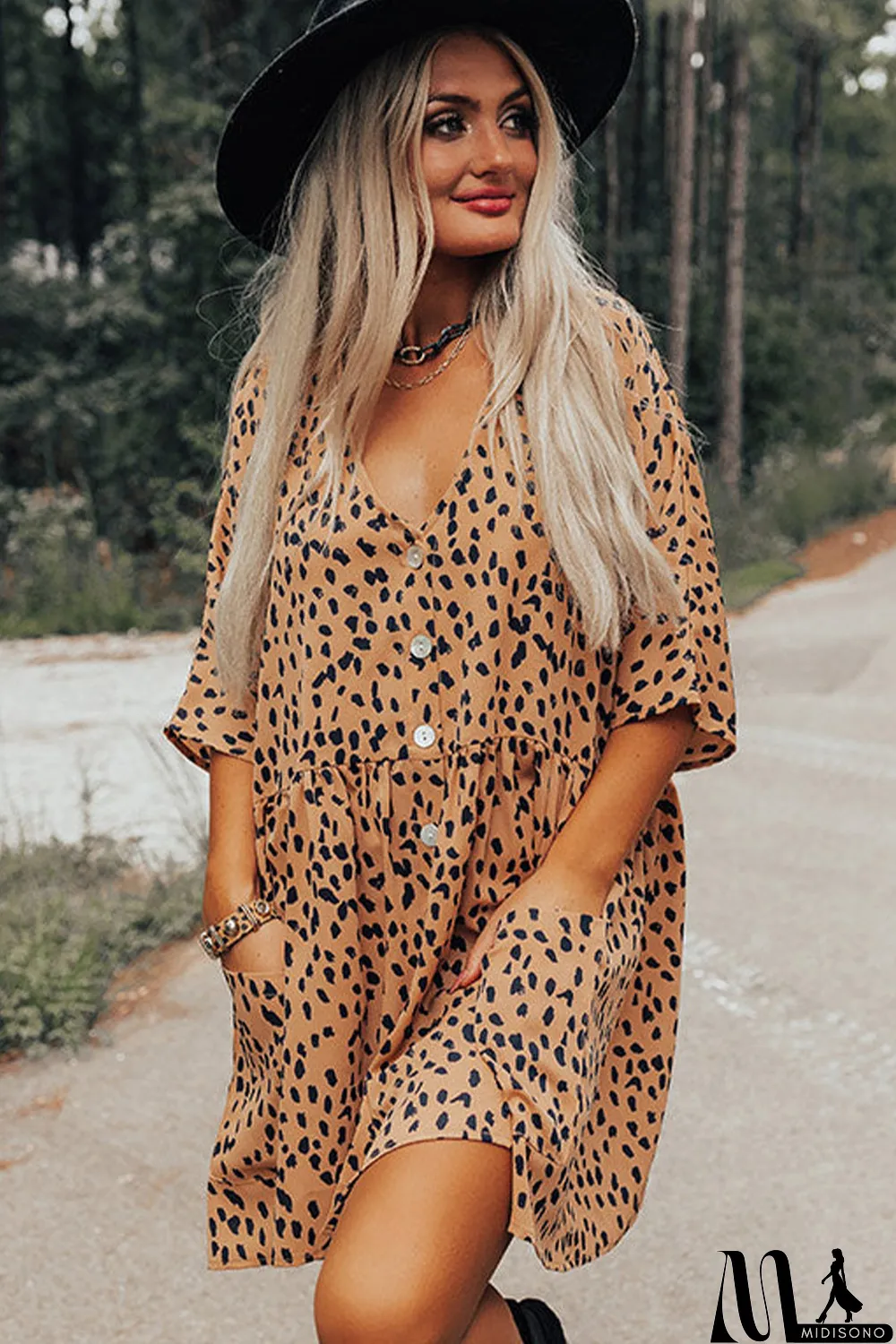 MidiSono - Leopard Button V Neck Tunic Dress