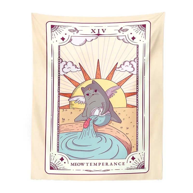 Cute Cat Tarot Tapestry Wall Hanging psychedelic decoration Witchy Boho sun moon Star Tapestries Living Room Kids Room Bedroom