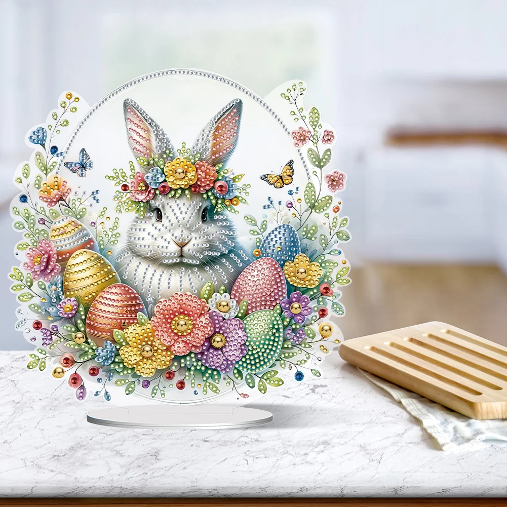 DIY Easter Cute Rabbit Egg Single-Sided Acrylic Diamond Painting Tabletop Ornament for Home Office Desktop Decor