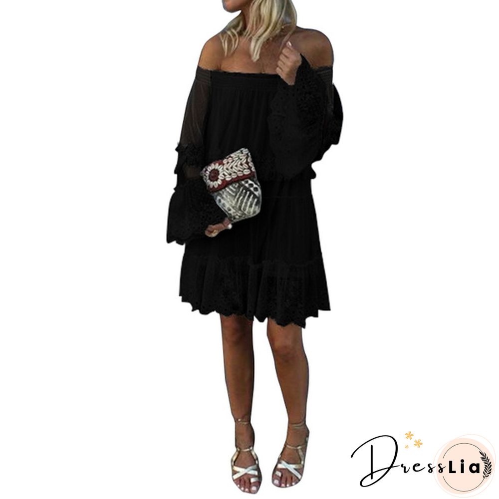 Damen Langarm Off Shoulder Kleid Ballkleid Lace Prom Sexy Holiday Strandkleid