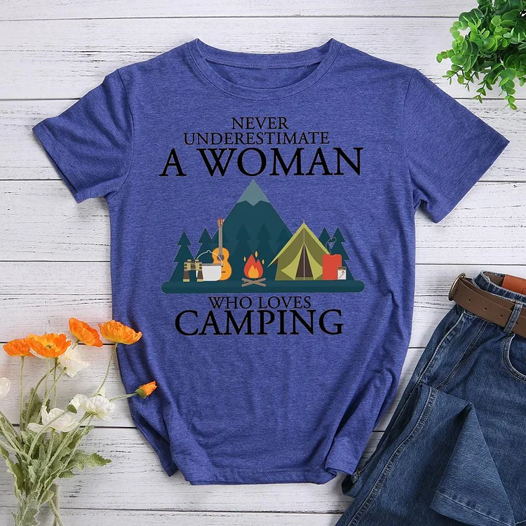 Never Underestimate a Woman Who Loves Camping Round Neck T-shirt-017926