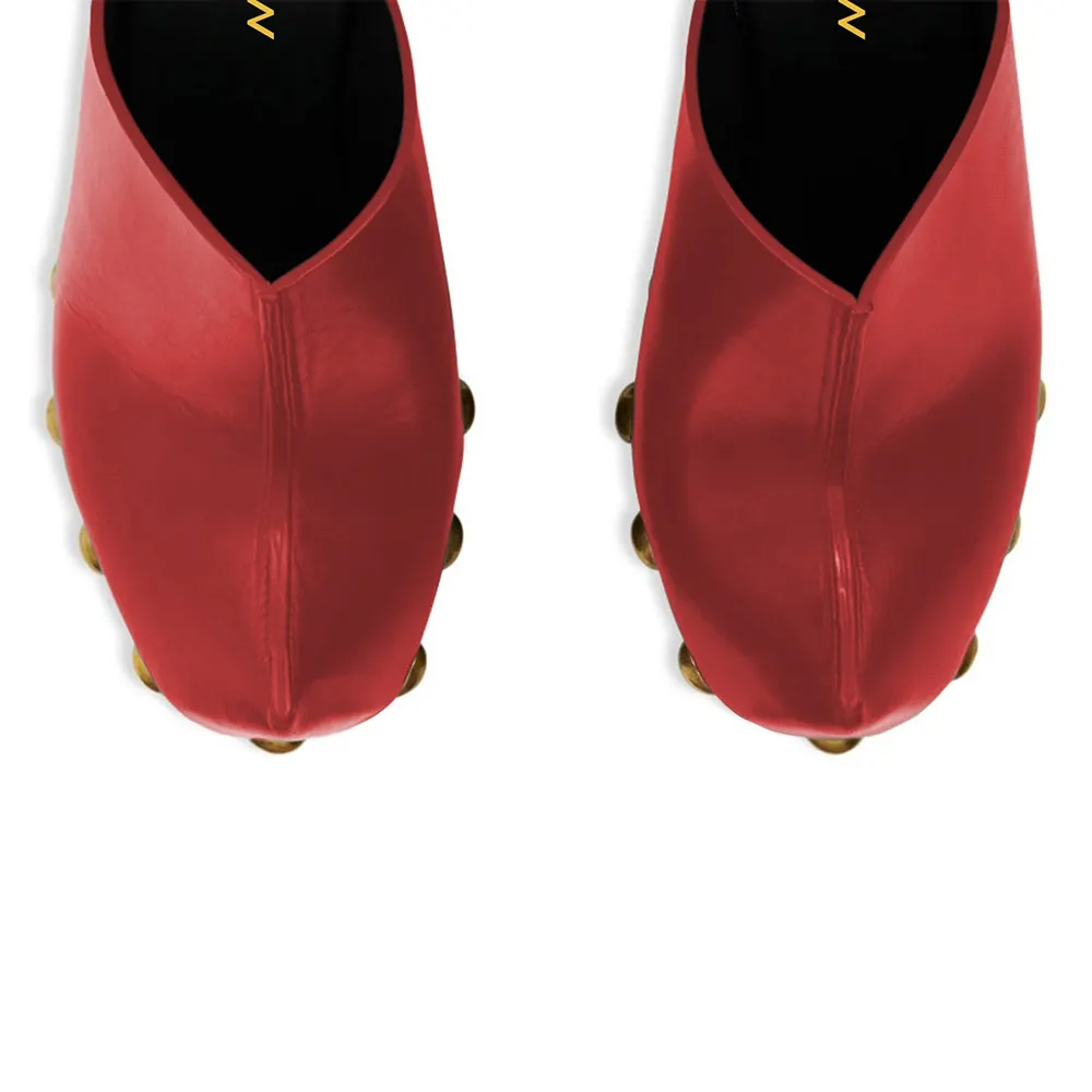 Red Vegan Leather Round Toe Platform High Heel Mules with Studs
